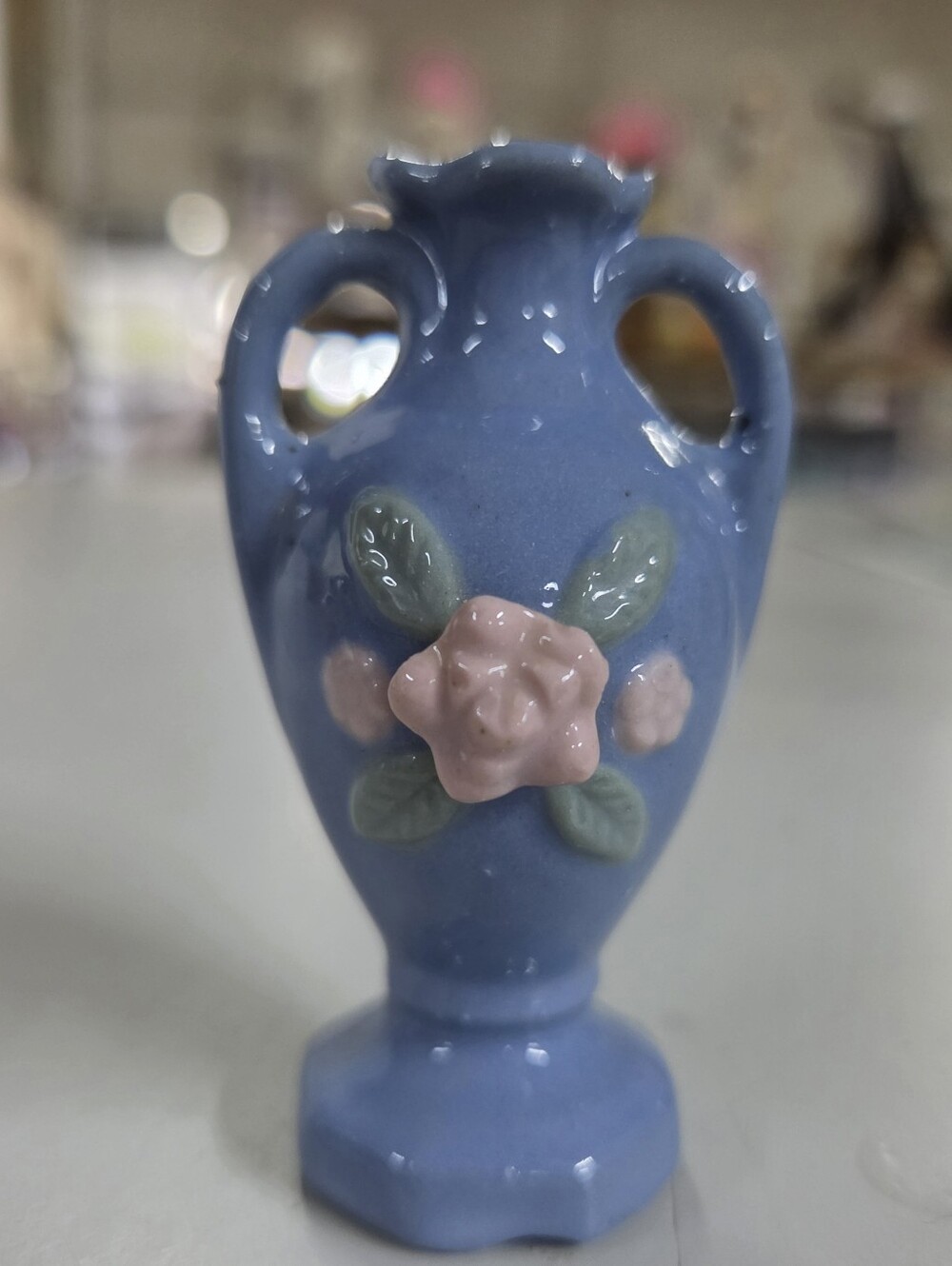 Vintage Japan Miniature Ceramic Bud Vase Blue Pink Applied Rose Amphora 2.75”